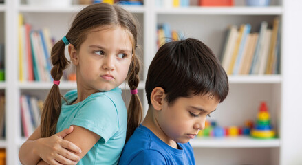 young girl and boy having disagreement at home in colorful playroom with bookshelf