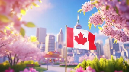 Canadian flag in blooming cherry blossom cityscape with skyline in spring. Independence Day of Canada