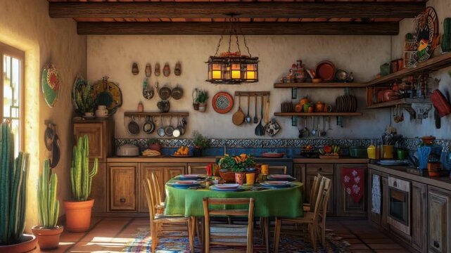 Rustic mediterranean kitchen with wooden decor and colorful dishware. Cinco de Mayo, Battle of Puebla Day, Mexican Heritage Festival - Latin American Cultural Celebration