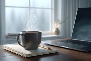 Steaming coffee mug on desk with laptop and notebook