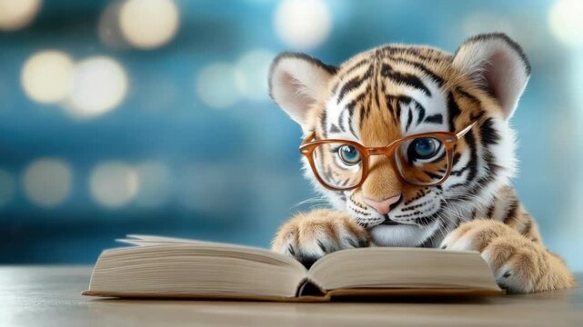 Adorable tiger cub with glasses reading a book on table. Back to School, School Season, First Day of School - Education Supplies, Academic Year Beginning