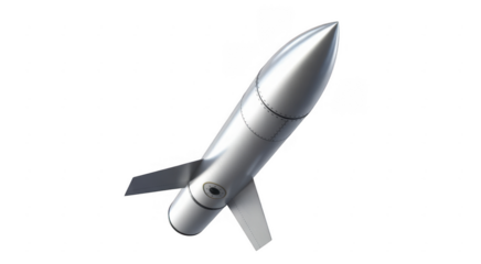 Sleek silver missile with fins and visible seams isolated on a transparent background