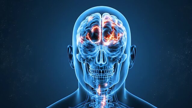 A futuristic blue medical illustration showing a front view of a human head with a glowing digital brain and spinal cord