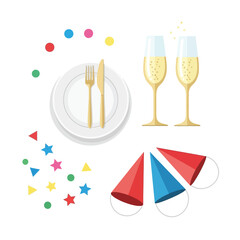 Festive image featuring party hats, champagne glasses, confetti, and a place setting.