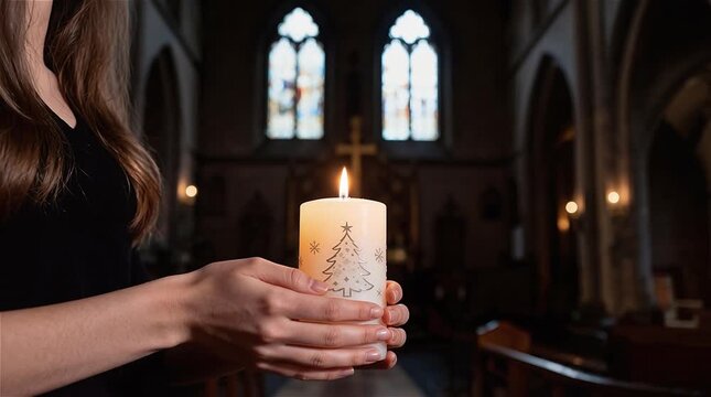Manos de mujer joven sosteniendo una vela navideña en la iglesia