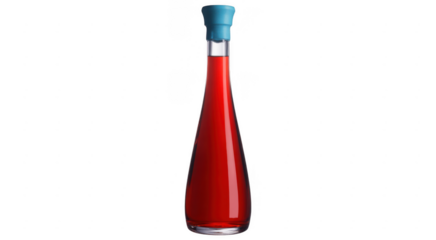 Tall glass bottle filled with red liquid and blue cap isolated on a transparent background