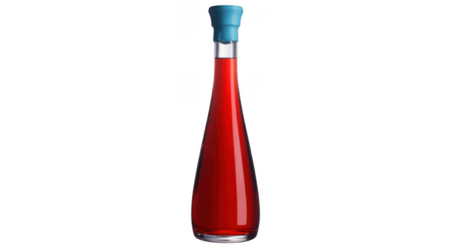 Tall glass bottle filled with red liquid and blue cap isolated on a transparent background
