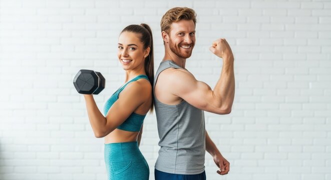 Young healthy fit man and woman flexing muscles and smiling indoors against a white brick wall