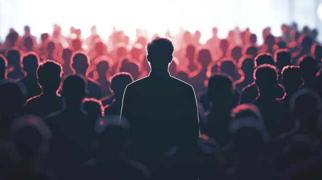 A silhouetted figure stands in front of a large, abstract crowd, capturing the essence of individuality amid togetherness.