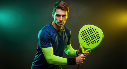 Young man in sportswear holding a bright green padel racket, looking at camera in a dark studio with colored lights