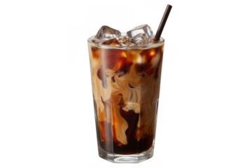 Tall glass of iced coffee with cream swirls and ice cubes isolated on a transparent background