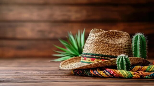 Rustic straw hat with colorful blanket and cacti on wooden table. Cinco de Mayo, Battle of Puebla Day, Mexican Heritage Festival - Latin American Cultural Celebration