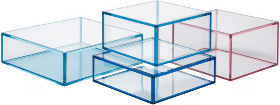 Stacked clear acrylic boxes with blue and pink edges isolated on a transparent background