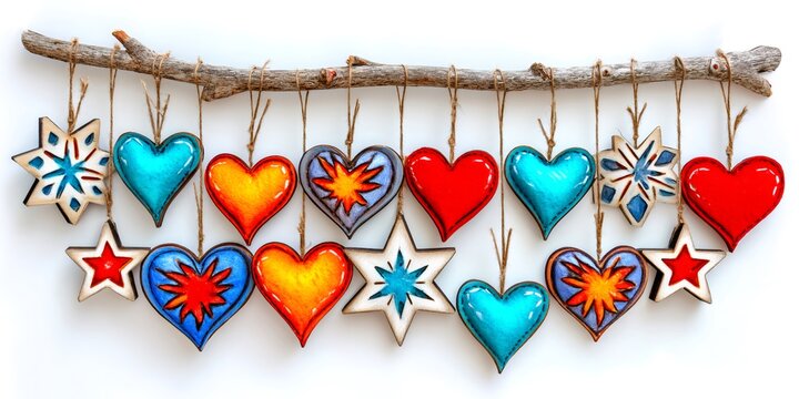 Wooden hearts and stars creating a festive ornament display - Powered by Adobe
