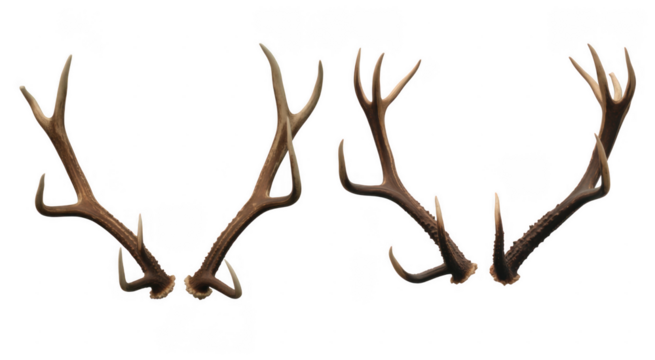 Two sets of deer antlers with brown and beige tones isolated on a transparent background