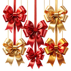 red and gold glossy hanging gift ribbon band collection,on a isolated white background. PNG
