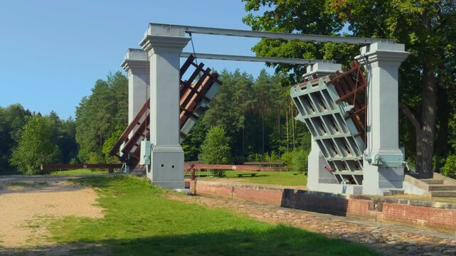 Dambrovka Lock. Augustow Canal, Avgustovski channel or Kanal Augustowski uniting Vistula Neman rivers protected by UNESCO in Chertok Dombrovka Grodno Hrodna visafree region Belarus in Europe.
