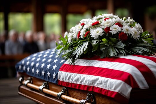 Military funeral honoring veteran with american flag draped casket