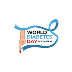 World Diabetes Day Vector, Finger Prick Test with Blue Awareness Ribbon