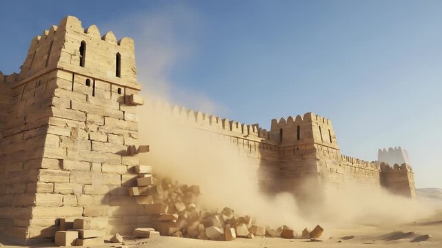 Crumbling Ancient Fortress Wall in Desert Landscape, Sandstorm, Archaeological Site, Middle Eastern Architecture, Historical Ruin, Towering Structure, Blue Sky
