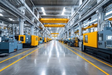 Industrial manufacturing hall with bright modern machinery