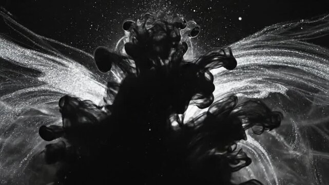 High-Detail Macro Black and Silver Ink Forming Cosmic Storm Vortexes