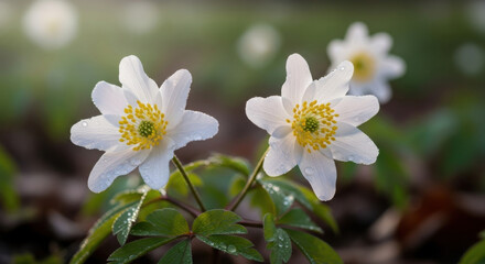 Fototapeta premium Delicate white anemone flowers with dew drops in sunlight