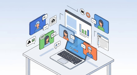 Obraz premium An isometric vector concept of a digital workspace showing remote team collaboration through video conferencing and data analysis