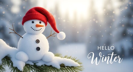 Cheerful snowman wearing a red hat sitting on a snowy pine branch in winter scene