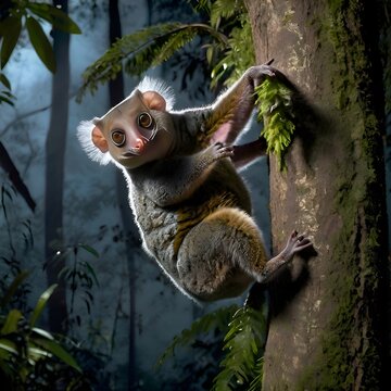 Cinematic Wide-Eyed Lemur on Mossy Tree Trunk at Night