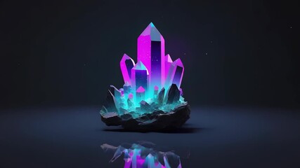 Glowing Crystal Cluster on Dark Background, Vibrant Pink and Blue Gemstones, Mineral Specimen, Fantasy Art, Minimalist Composition, Reflection on Surface - Powered by Adobe