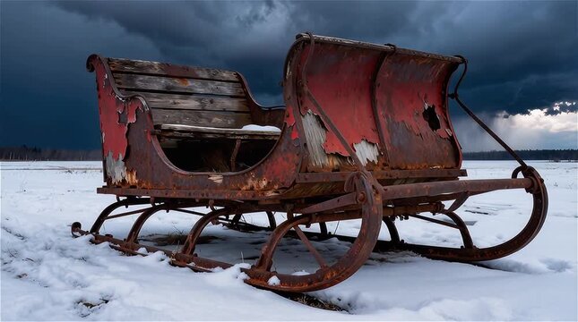 Trineo antiguo de madera y metal completamente oxidado abandonado en un paramo nevado 