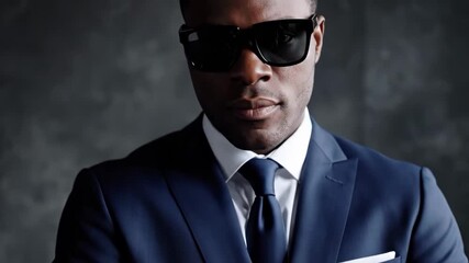 Man in a blue suit and sunglasses with arms crossed