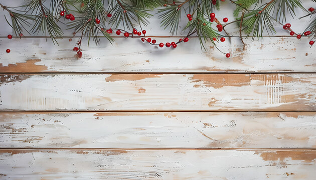 Rustic White Washed Wood Background with Pine Branches and Red Berries Forming a Festive Top Border, Ideal for Cozy Holiday Greetings, Seasonal Marketing, and Farmhouse Christmas Decoration Concepts - Powered by Adobe