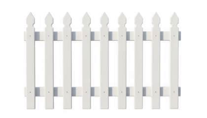 White Picket Fence Section with Pointed Tops isolated on a transparent background 1
