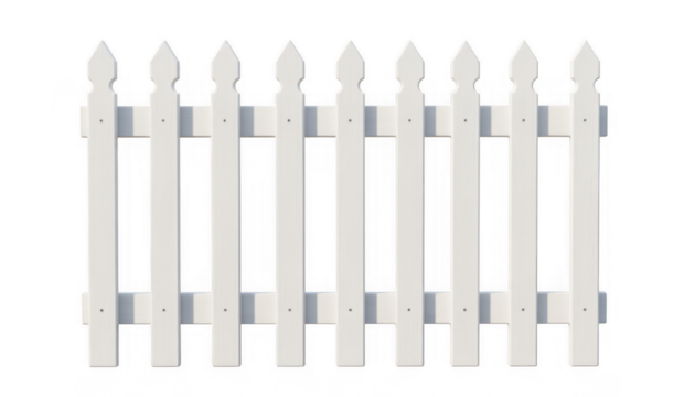 White Picket Fence Section with Pointed Tops isolated on a transparent background 1
