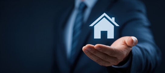 Businessman hand presenting glowing house icon over dark background