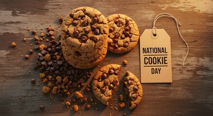 Celebrating national cookie day with chocolate chip cookies on a wooden surface
