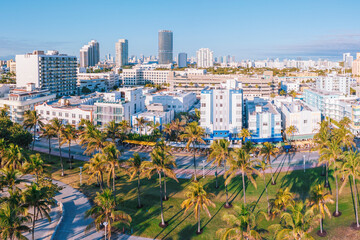 Aerial of Ocean Drive in Miami Beach, Art deco Historic district Florida USA