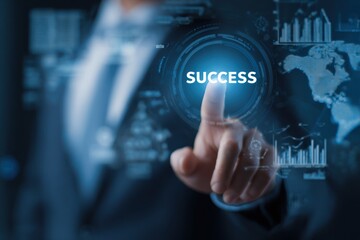 Businessman touches glowing digital interface displaying success and data.