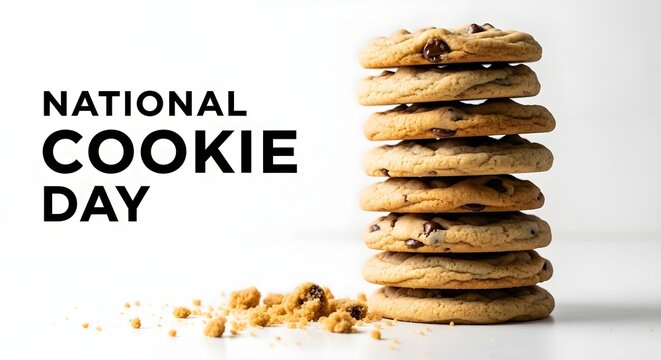 Stack of chocolate chip cookies for national cookie day on a white background