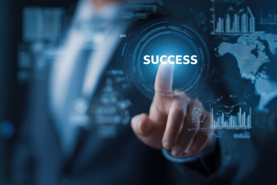 Businessman touches glowing digital interface displaying success and data.