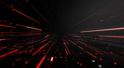 Fototapeta premium Abstract dark tunnel with glowing red light streaks moving fast