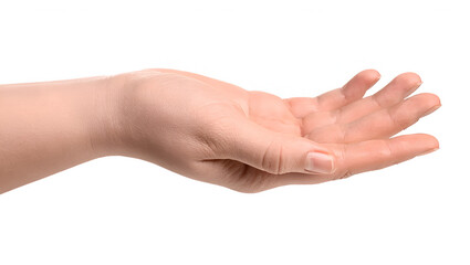 Woman holding something in her hand on white background, closeup stock photo. isolated on white background