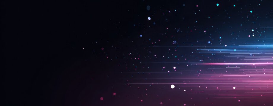 Abstract dark background with glowing blue and pink light streaks and particles.