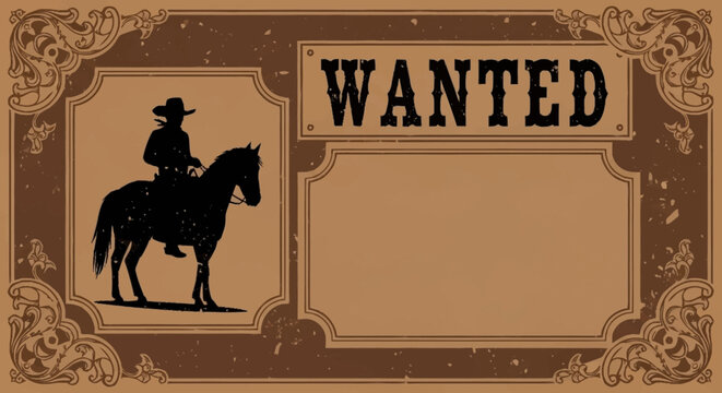 Classic Old West themed poster template featuring a silhouette of a cowboy on horseback, framed by decorative vintage borders, ideal for historical or event announcements