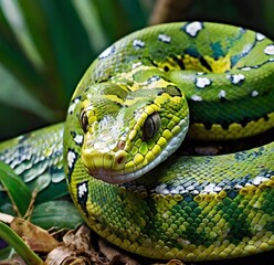 Fototapeta premium Emerald Tree Snake Close-Up in Soft Natural Light
