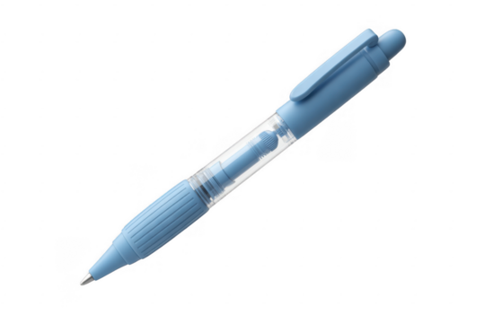 Blue ballpoint pen with clear barrel and ribbed grip isolated on a transparent background