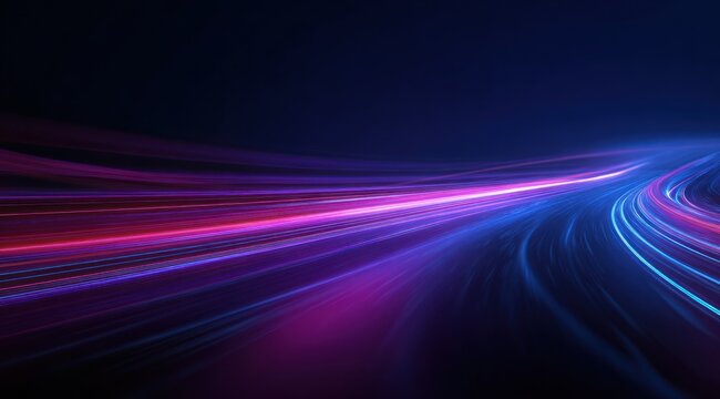 Abstract light trails curve across a dark background in magenta and blue.