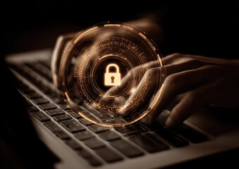 Hands typing on laptop with glowing digital security lock overlay
